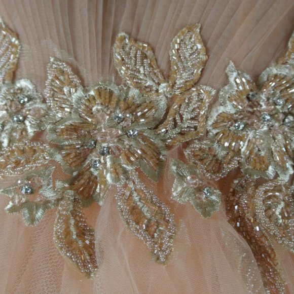 MAC DUGGAL ILLUSIONS EMBELLISHED BOAT NECK TULLE APRICOT BALL-GOWN sz 4 - Picture 4 of 6